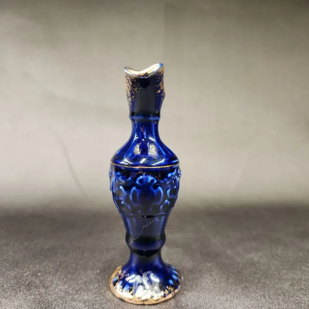 Dark  Blue with Gold accents Miniature Vase 4.5 inches Tall Unmarked